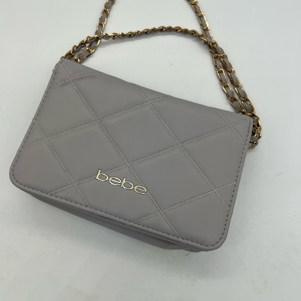 bebe Quilted Light Gray Crossbody with Gold Chain